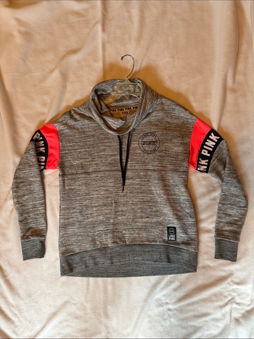 PINK Victoria's Secret Grey Marled Crewneck with Pink Sleeve Panels